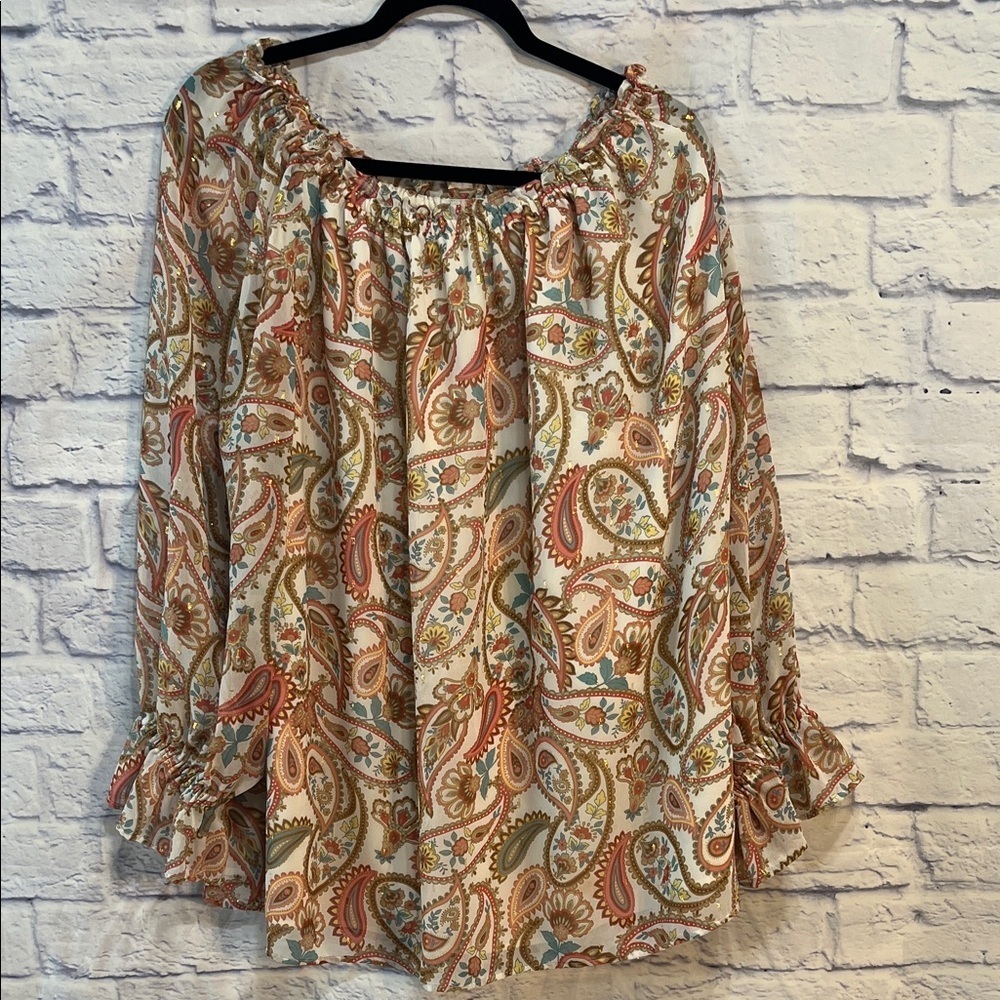 Talbots Paisley Blouse Long Sleeves Ruffle Neck & Cuffs Metallic Off-Shoulder 3X